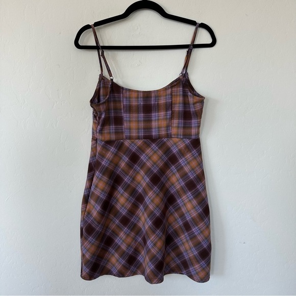 Urban Outfitters Purple Orange Brown Plaid Hook & Eye Spaghetti Strap Mini Dress - Picture 9 of 16